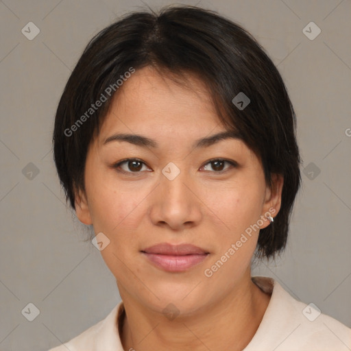 Joyful white young-adult female with medium  brown hair and brown eyes