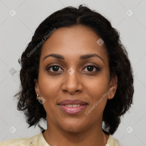 Joyful black young-adult female with medium  brown hair and brown eyes