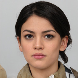 Neutral white young-adult female with medium  black hair and brown eyes