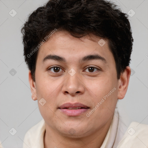 Joyful asian young-adult male with short  brown hair and brown eyes