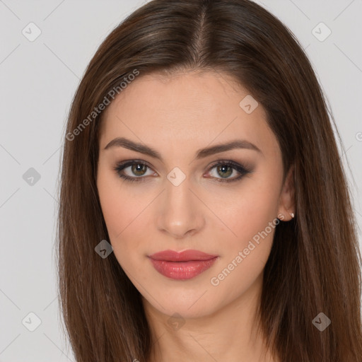 Neutral white young-adult female with long  brown hair and brown eyes