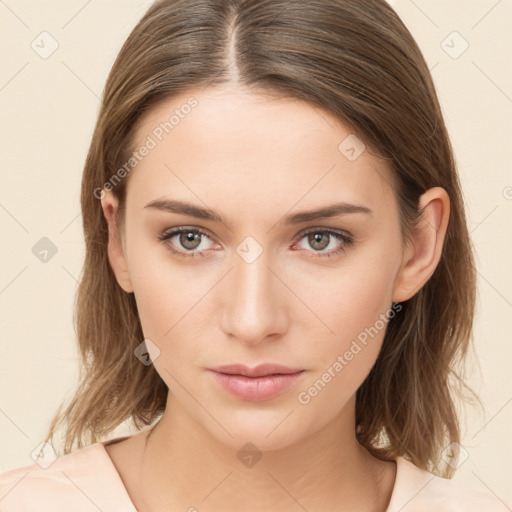 Neutral white young-adult female with medium  brown hair and brown eyes