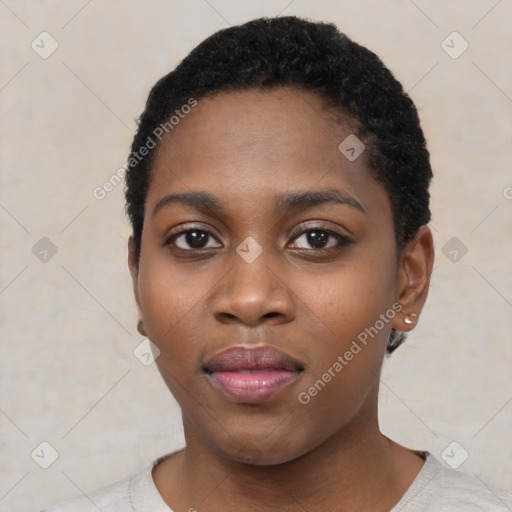 Neutral black young-adult female with short  black hair and brown eyes