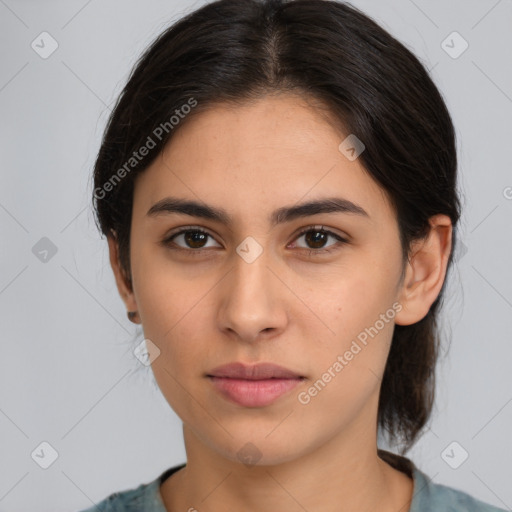 Neutral latino young-adult female with medium  brown hair and brown eyes