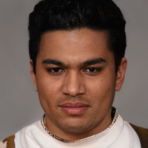 Neutral latino young-adult male with short  black hair and brown eyes