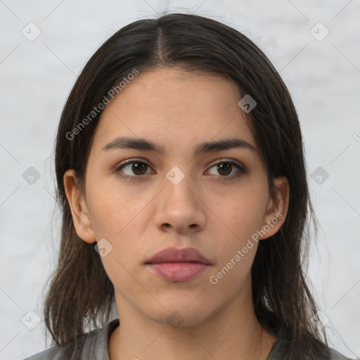 Neutral white young-adult female with medium  brown hair and brown eyes