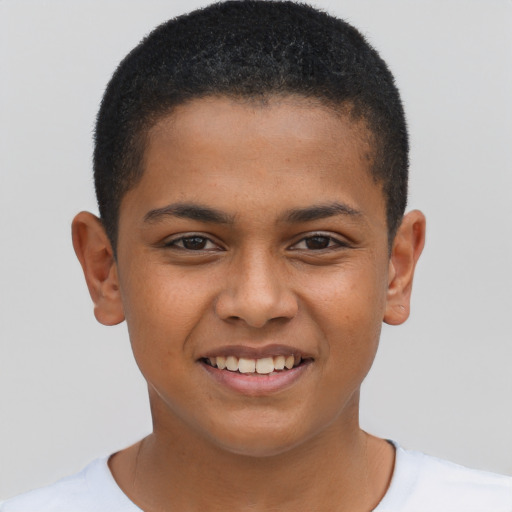 Joyful black young-adult male with short  brown hair and brown eyes