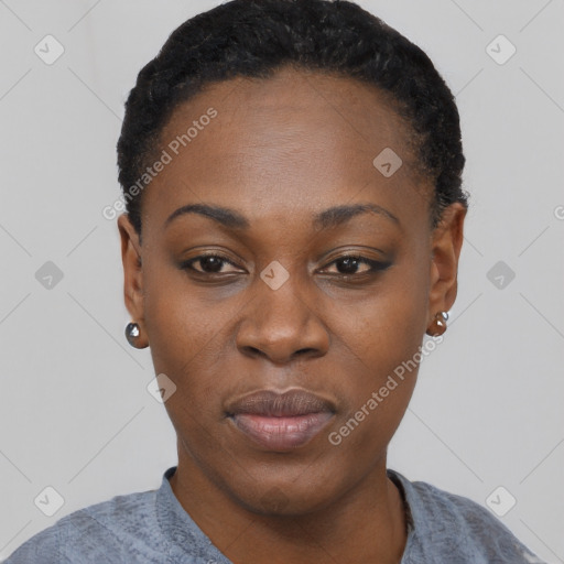 Joyful black young-adult female with short  black hair and brown eyes