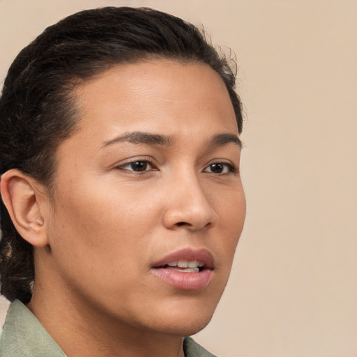 Neutral white young-adult female with short  brown hair and brown eyes