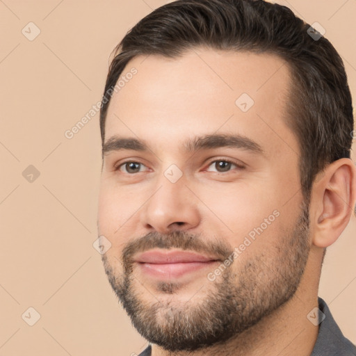 Joyful white young-adult male with short  brown hair and brown eyes