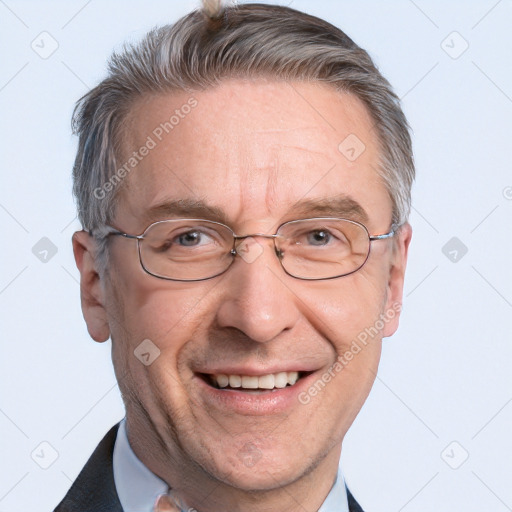 Joyful white middle-aged male with short  brown hair and brown eyes