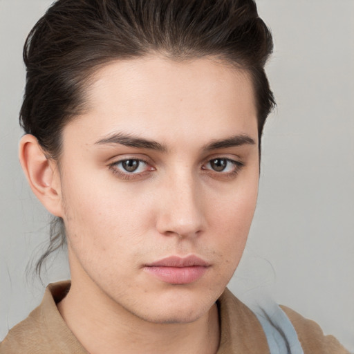 Neutral white young-adult female with short  brown hair and brown eyes