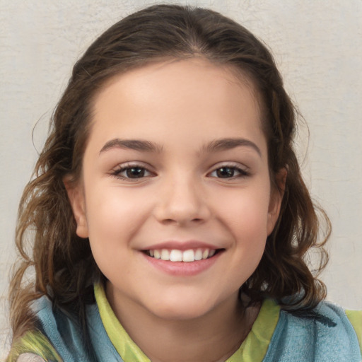 Joyful white child female with medium  brown hair and brown eyes