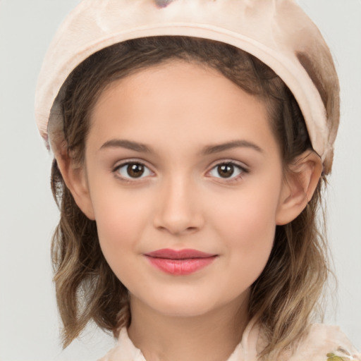 Joyful white child female with medium  brown hair and brown eyes