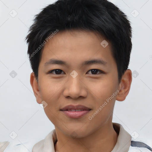 Joyful asian young-adult male with short  black hair and brown eyes