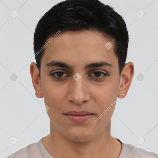 Joyful latino young-adult male with short  brown hair and brown eyes