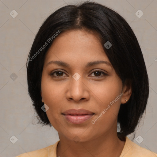 Joyful latino young-adult female with medium  black hair and brown eyes