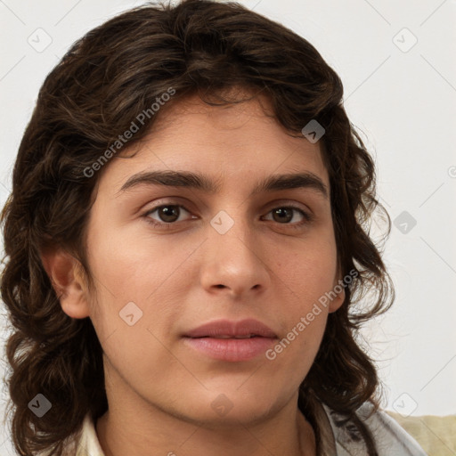 Neutral white young-adult female with medium  brown hair and brown eyes