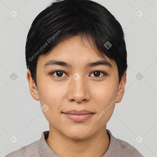 Joyful asian young-adult female with short  black hair and brown eyes