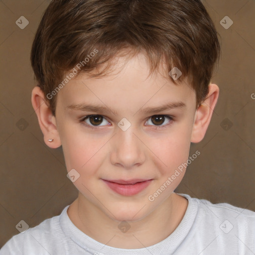 Joyful white child male with short  brown hair and brown eyes