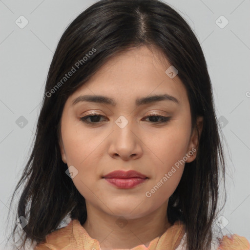 Joyful asian young-adult female with medium  brown hair and brown eyes