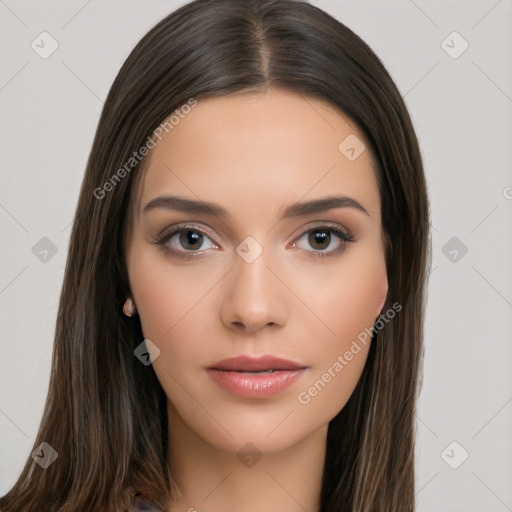 Neutral white young-adult female with long  brown hair and brown eyes