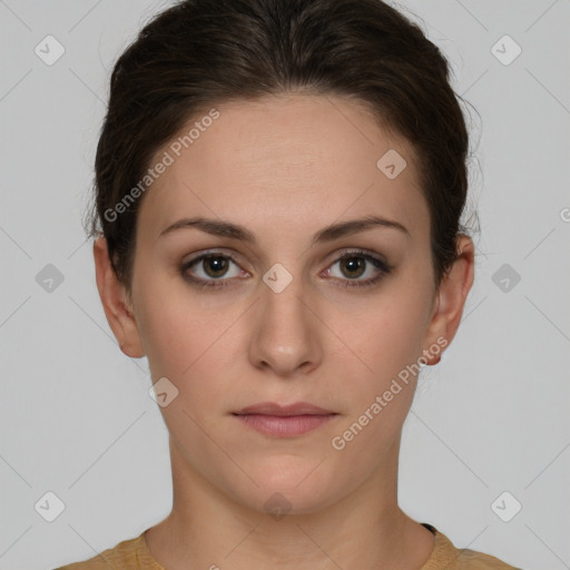 Neutral white young-adult female with short  brown hair and brown eyes