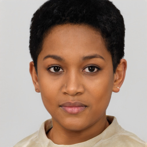Neutral latino young-adult female with short  black hair and brown eyes