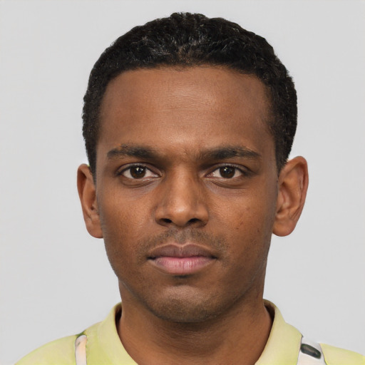 Neutral black young-adult male with short  black hair and brown eyes