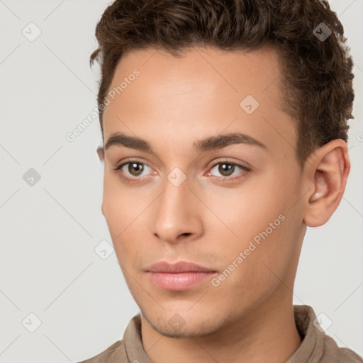 Neutral white young-adult male with short  brown hair and brown eyes