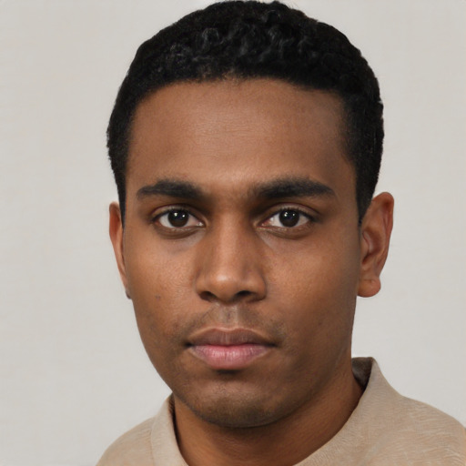 Neutral black young-adult male with short  black hair and brown eyes