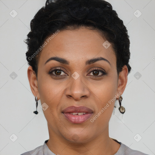 Joyful black young-adult female with short  black hair and brown eyes