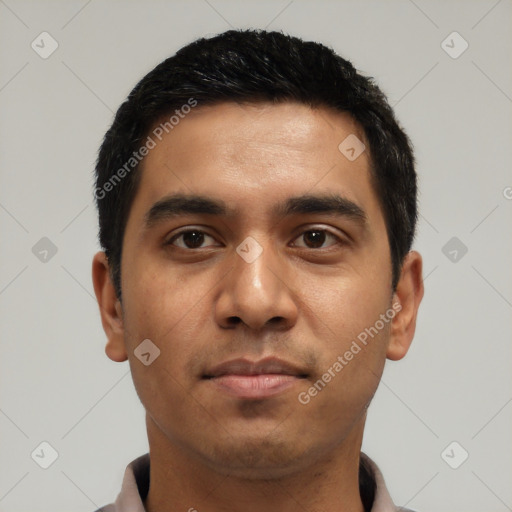 Neutral latino young-adult male with short  black hair and brown eyes