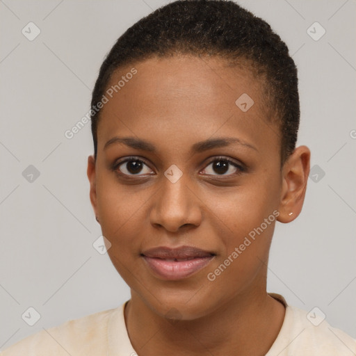 Joyful black young-adult female with short  brown hair and brown eyes