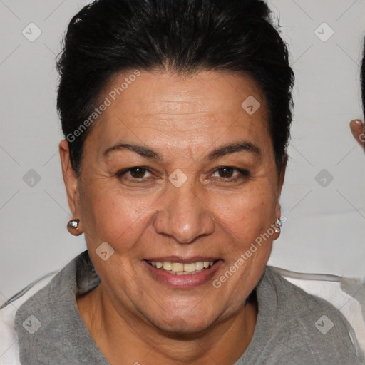 Joyful white adult female with short  brown hair and brown eyes