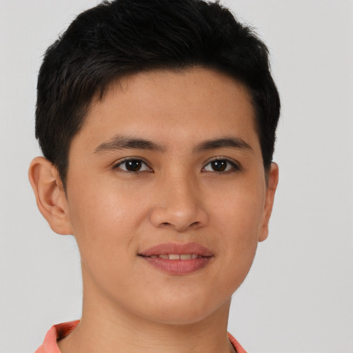 Joyful asian young-adult male with short  brown hair and brown eyes