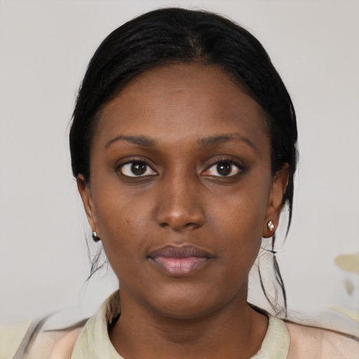 Neutral asian young-adult female with short  black hair and brown eyes