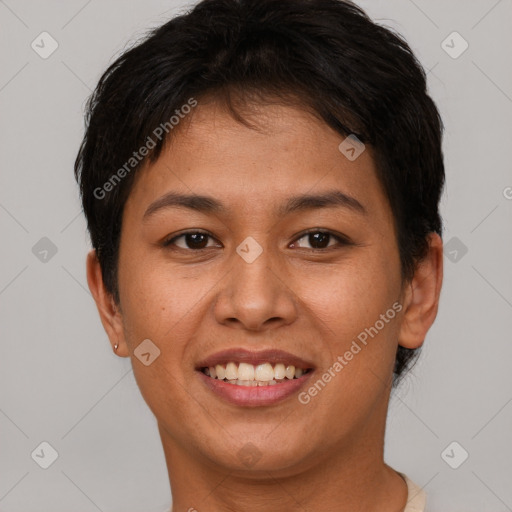 Joyful asian young-adult female with short  brown hair and brown eyes