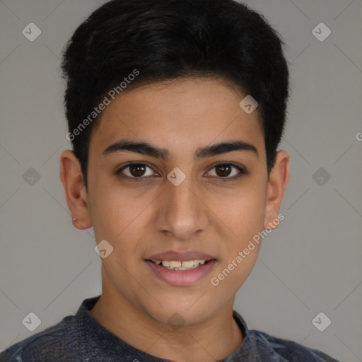 Joyful latino young-adult male with short  brown hair and brown eyes