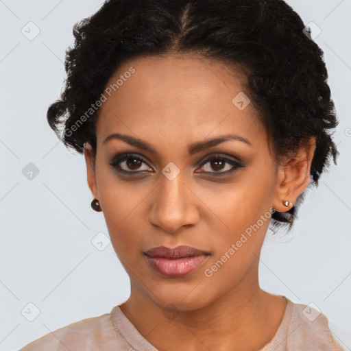 Joyful latino young-adult female with short  brown hair and brown eyes