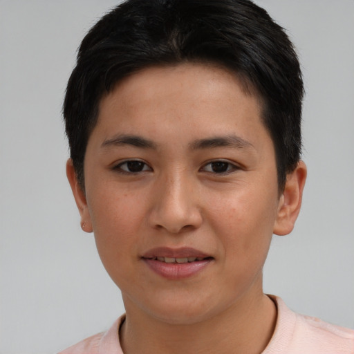 Joyful asian young-adult female with short  brown hair and brown eyes