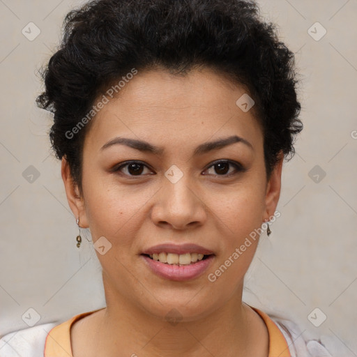 Joyful latino young-adult female with short  brown hair and brown eyes