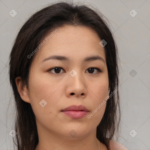 Neutral asian young-adult female with medium  brown hair and brown eyes