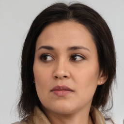 Neutral asian young-adult female with long  brown hair and brown eyes