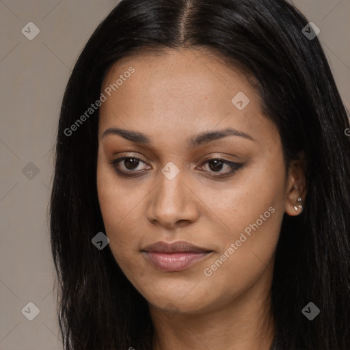 Joyful asian young-adult female with long  brown hair and brown eyes