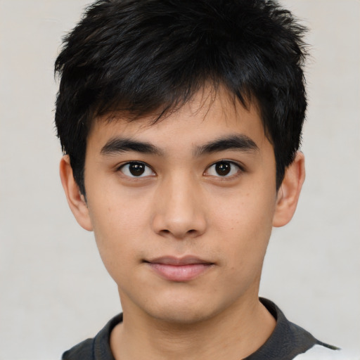 Neutral asian young-adult male with short  black hair and brown eyes
