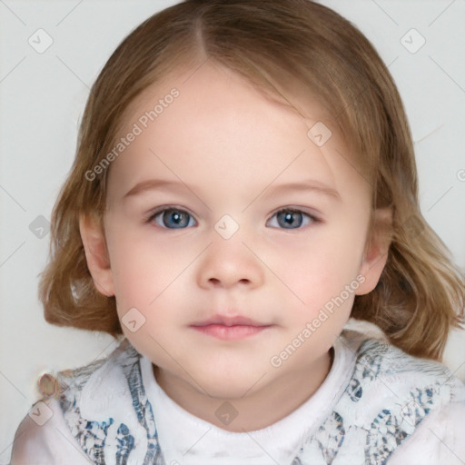 Neutral white child female with medium  brown hair and blue eyes