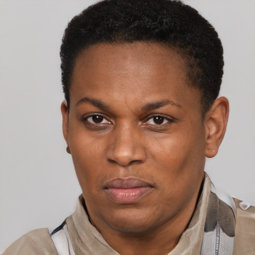 Neutral black young-adult female with short  black hair and brown eyes