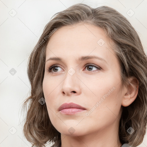 Neutral white young-adult female with long  brown hair and grey eyes