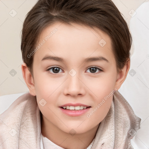 Joyful white child female with short  brown hair and brown eyes